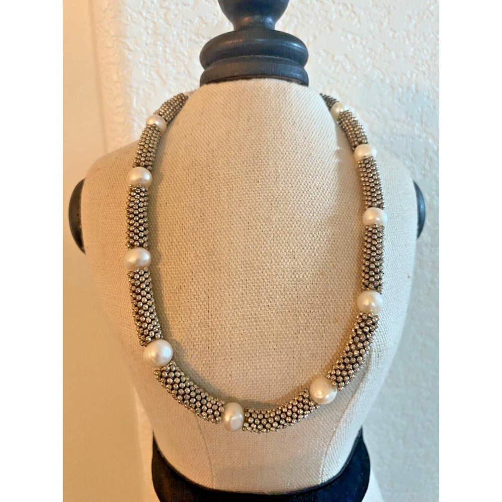 Women's Silver Toned Necklace‎ with Pearl Like Accents and Bracelet Jewelry